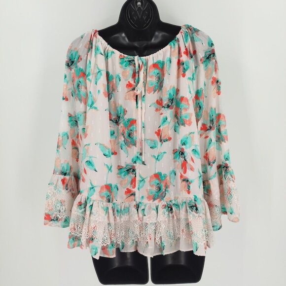 Kaari Blue Sz L Multi Pink Floral Santorini 3/4 Sleeve Ruffle Front Tie Top Lace - Picture 7 of 13